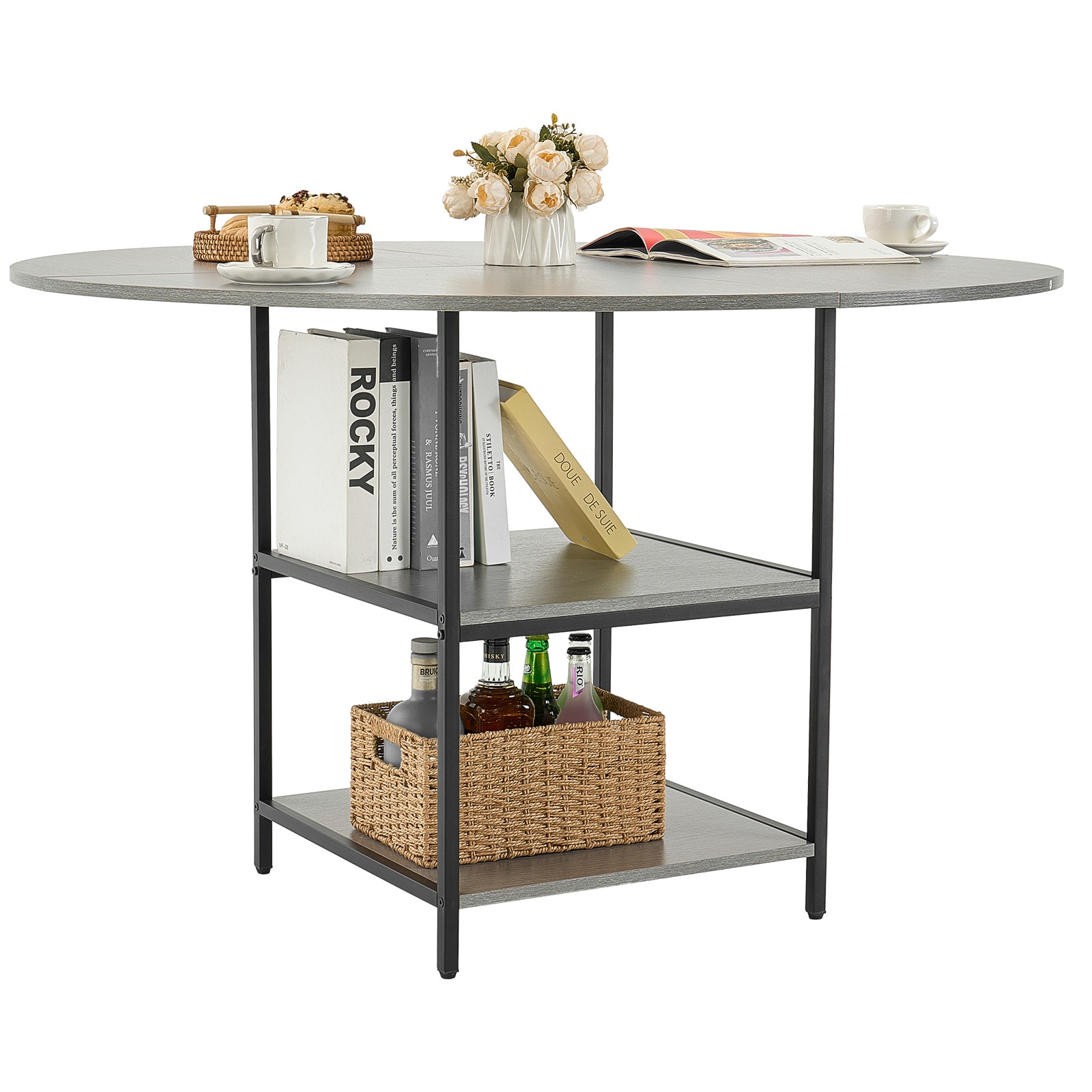 47 In Round Dining Table Wood Kitchen Table For 4-6 Person Grey (Only Table)_voghion.com